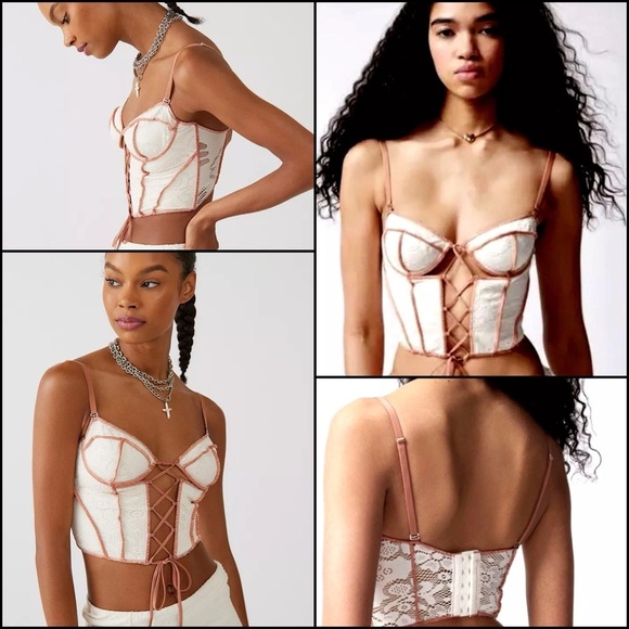 Out From Under Corsé Kiera Lace-Up Lace-Up Corset Top - Cream and Tan Coquette M - Picture 1 of 10
